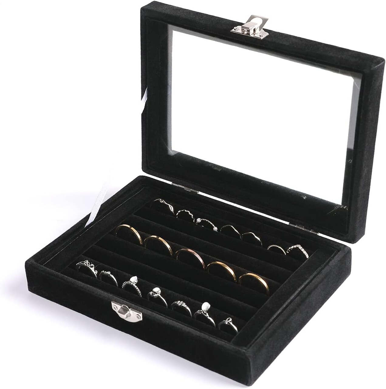 Rings & Earrings Organizer Tray with Clear Lid – 7-Slot Velvet Jewelry Display Drawer for Rings, Earrings, Brooches – Jewelry Storage Box Gift for Women & Girls (Black)
